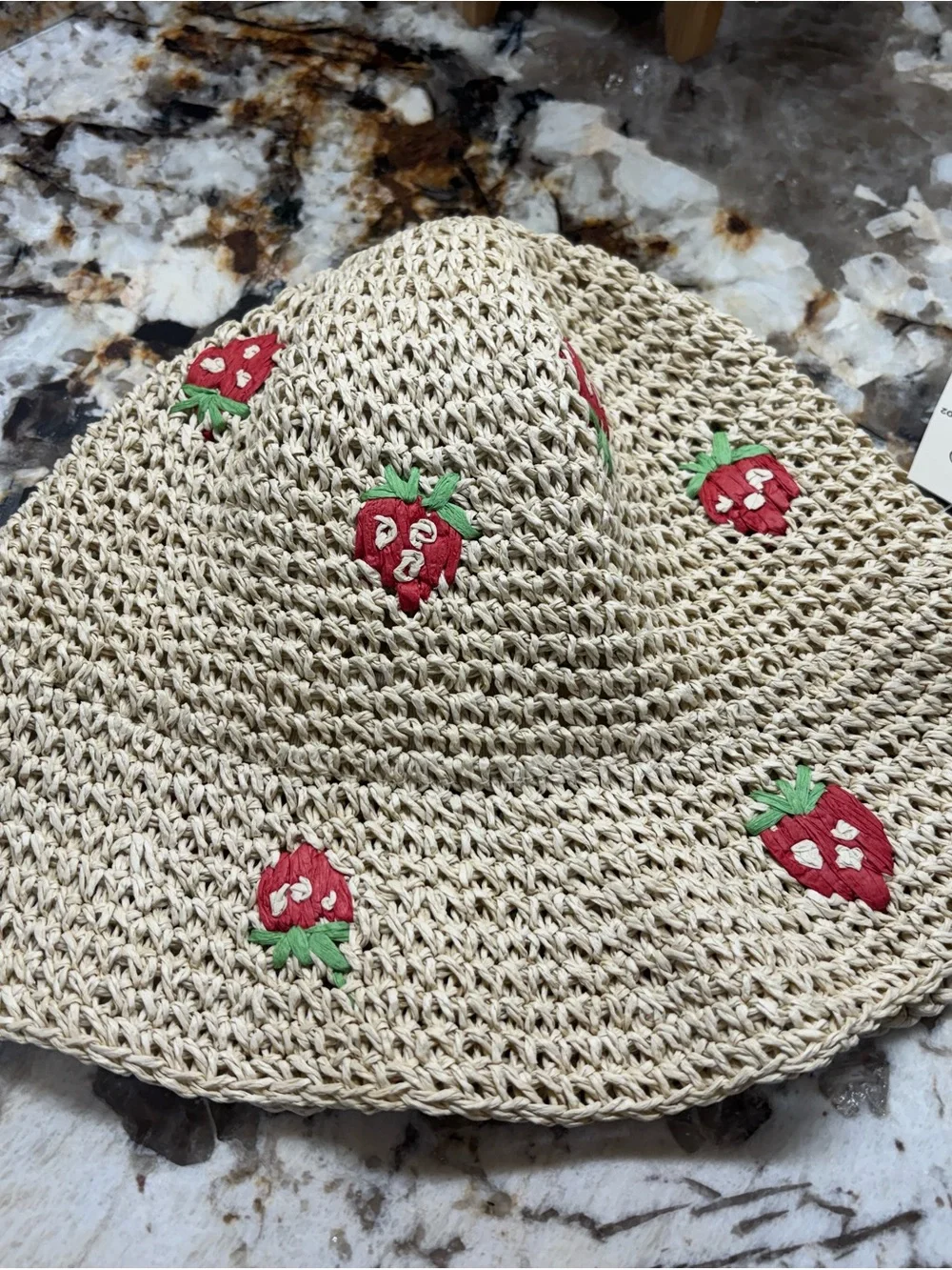 🍓 Straw Knit Bucket Hat with Red Strawberry Embroidery 🍓